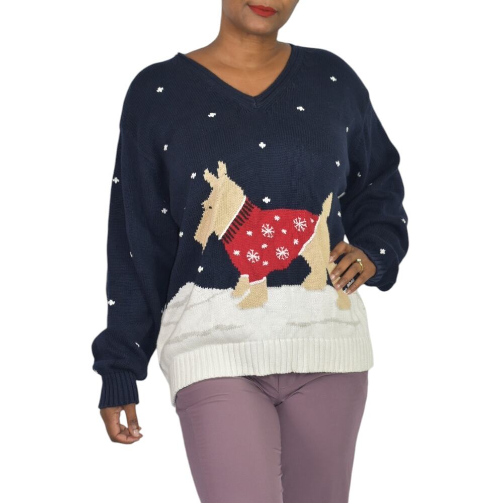 Liz Claiborne Christmas Sweater Blue Vintage Dog Scottie Snow Holiday Festive XL